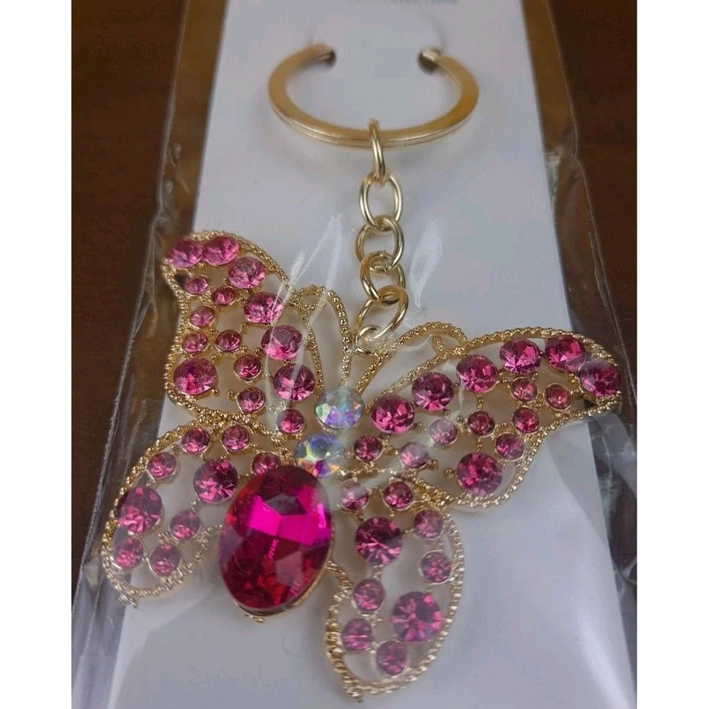 NIP Crystal Collection Pink Crystal Butterfly Gold‎ Tone Keychain Backpack